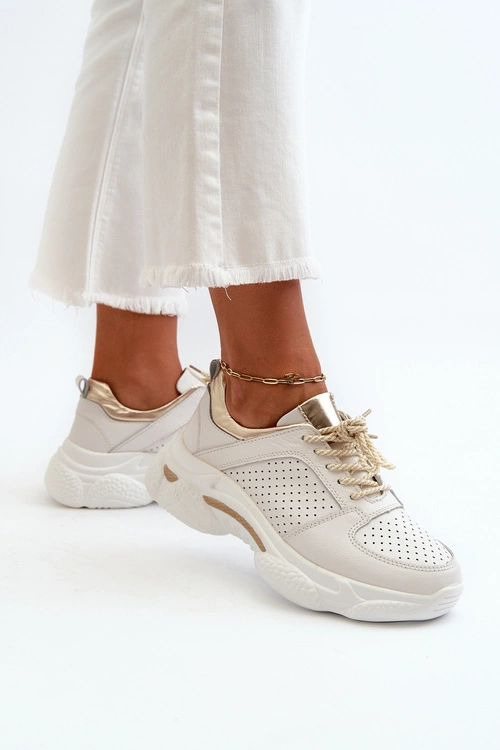 Skórzane Sneakersy Damskie Na Grubej Podeszwie Biało-Złote Dzumati