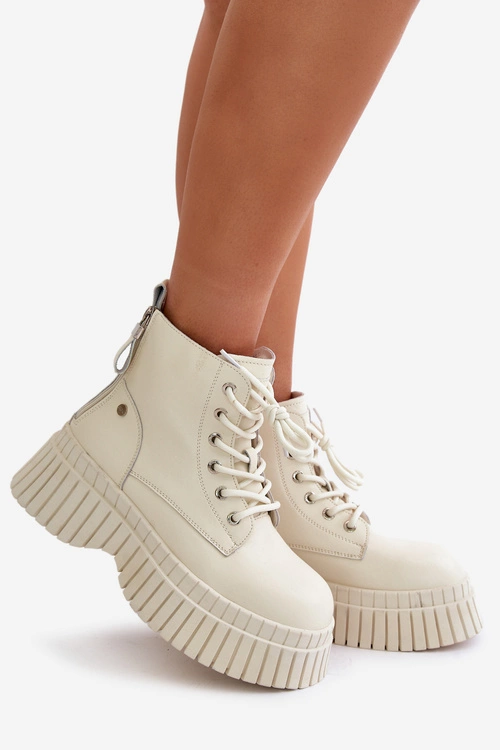 Ocieplane Skórzane Botki Trapery Na Masywnej Podeszwie GOE OO2N4127Jasnobeżowe