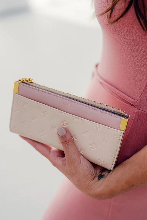 Skórzany Portfel Z Frędzelkiem Beżowo-Różowy Madis