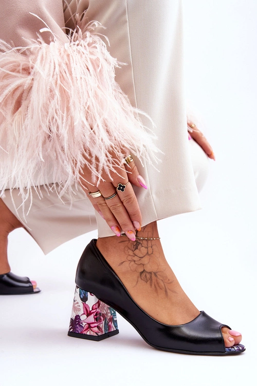 Skórzane Czółenka Z Ozdobnym Obcasem Lewski Shoes 2608/K Czarne