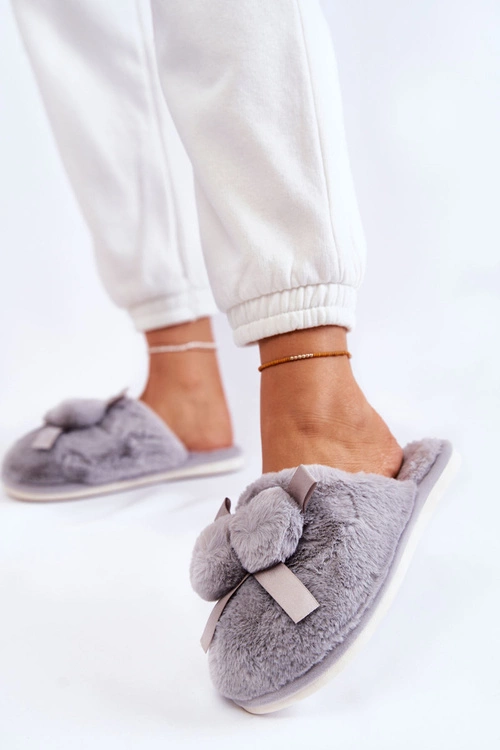 Damskie Futrzane Papcie Z Pomponami Szare Castello