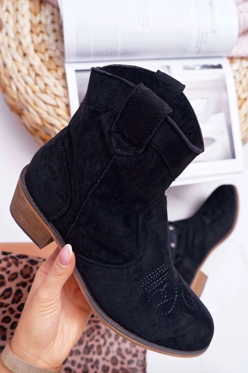 Botki Damskie Płaski Obcas Kowbojki z Klamrą Czarne Ewella