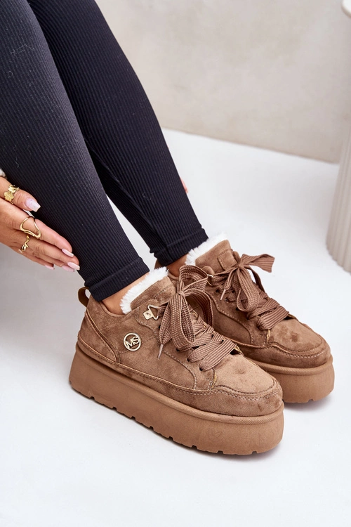 Ocieplane Futerkiem Sneakersy Damskie Na Platformie Brązowe Velarisea
