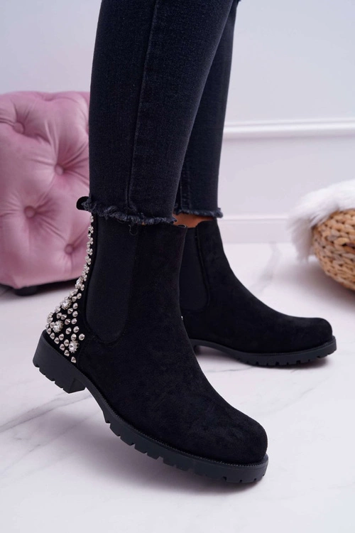 Botki Damskie Płaski Obcas Dżety Ćwieki Czarne Binary