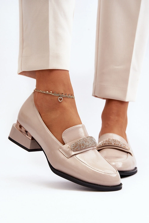 Damskie Półbuty Lakierowane Na Niskim Obcasie Beżowe Marilni