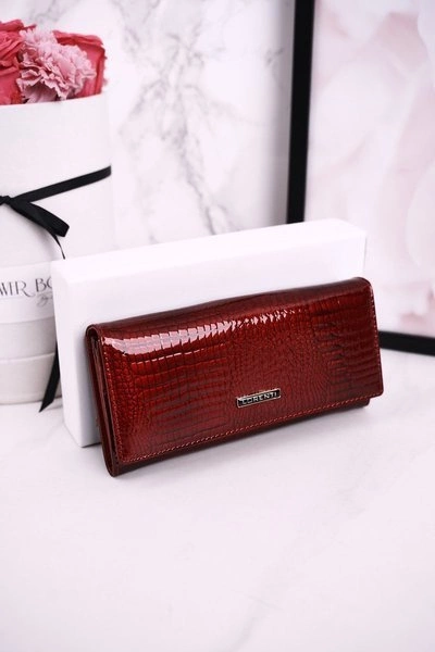 Duży Skórzany Portfel Damski LORENTI Lakierowany Czerwony