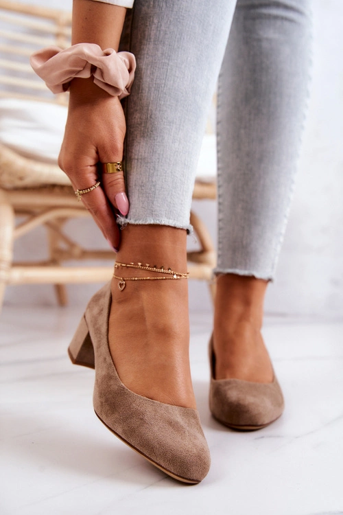 Zamszowe Czółenka Na Słupku Sergio Leone PB291 Beżowe