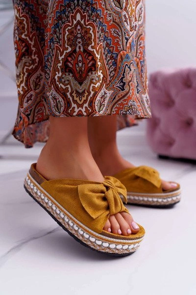 Klapki Damskie Z Kokardami Gruba Podeszwa Żółte Milady