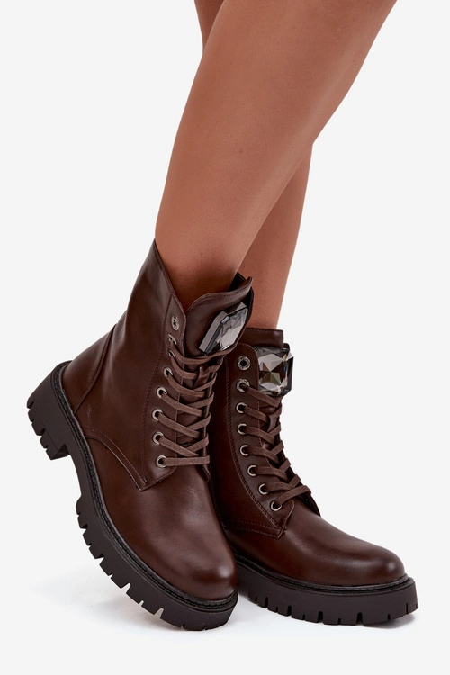 Botki Workery Damskie Z Ozdoba Eko Skórzane Czekoladowe Karessa