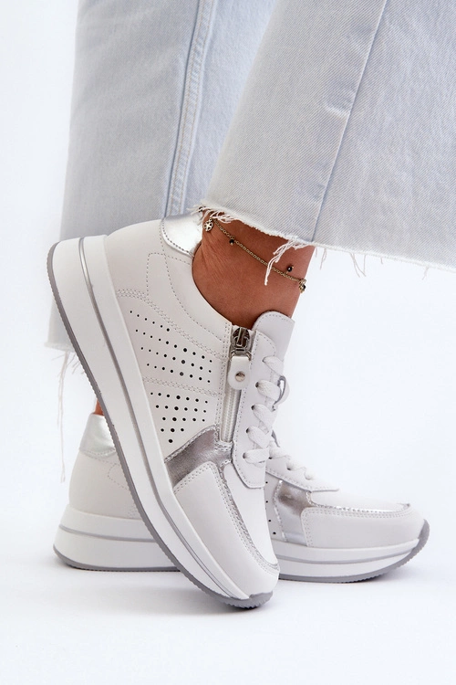 Damskie Skórzane Sneakersy Na Platformie Białe Ligustra