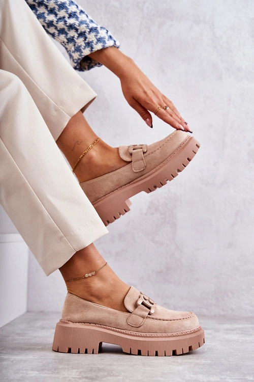 Damskie Półbuty Zamszowe Z Ozdobą Beżowe Leeza