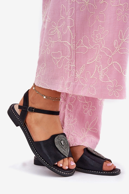 Damskie Sandały Na Płaskim Obcasie Z Ozdobą S.Barski KV51-098 Czarne