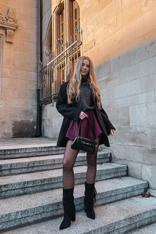 Botki Damskie Na Słupku Z Frędzlami I Marszczeniem Ocieplane Czarne Darlina