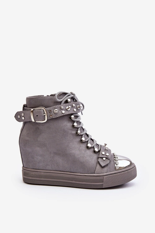 Ocieplane Botki Na Koturnie Z Dżetami Zamszowe Lu Boo Szare