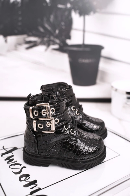 Dziecięce Botki Ocieplone Futerkiem Lakierowane Czarne Valentina