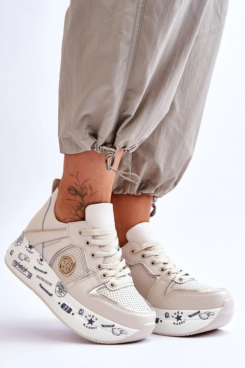 Damskie Skórzane Sneakersy Na Masywnej Platformie Beżowe Asturia