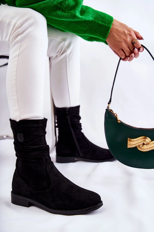 Damskie Marszczone Zamszowe Botki Czarne Joanne