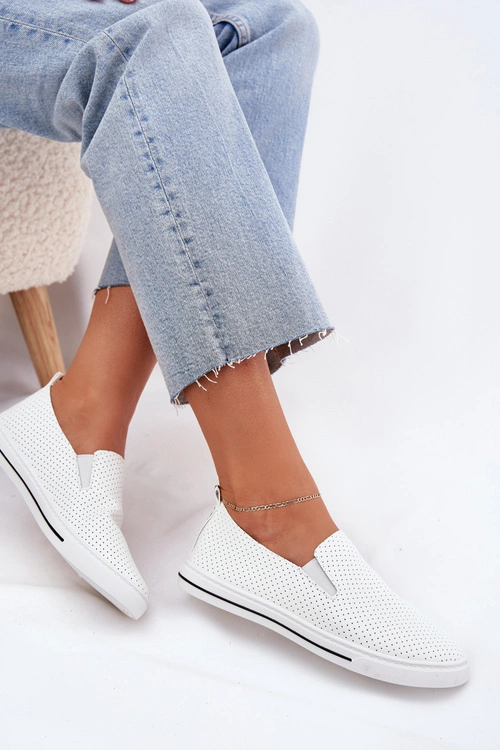 Wsuwane Eko Skórzane Damskie Tenisówki Trampki Z Napisem Białe Zalinne