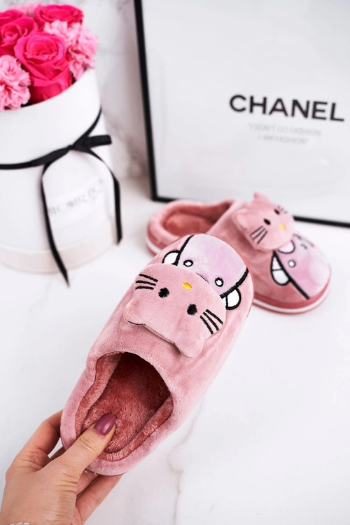 Dziecięce Ocieplane Klapki Papcie Pudrowy Róż Kitty
