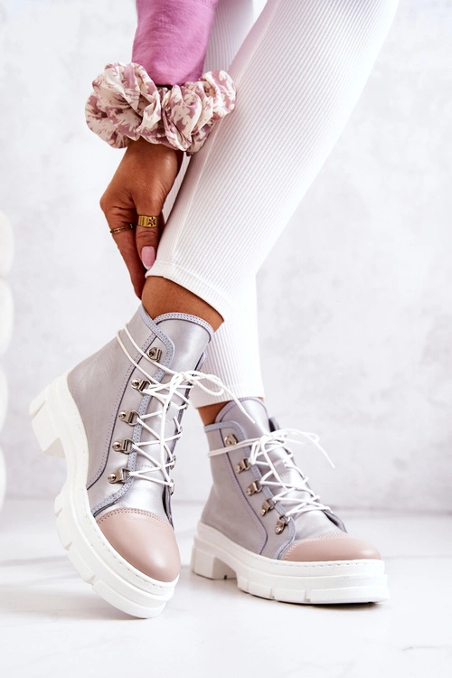 Botki Trapery Skórzane Srebrne Letty