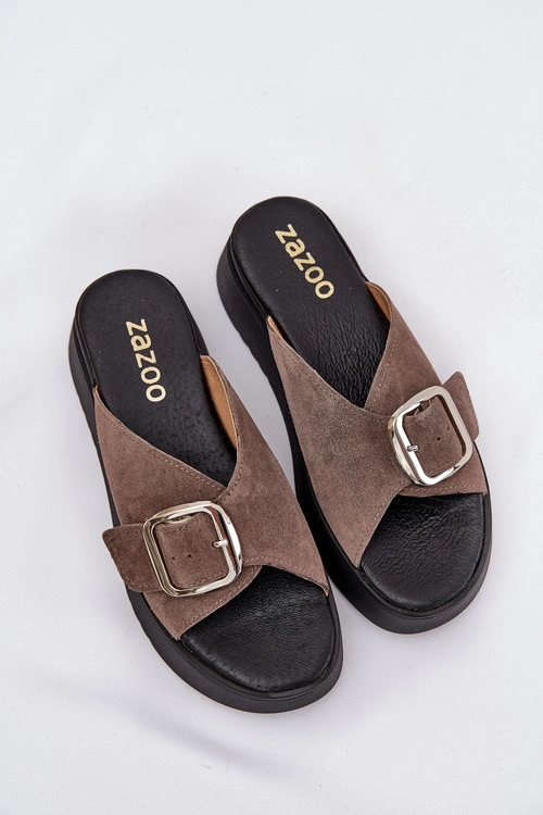 Zamszowe Klapki Damskie Z Klamrą Na Platformie Zazoo 3019 Brązowe