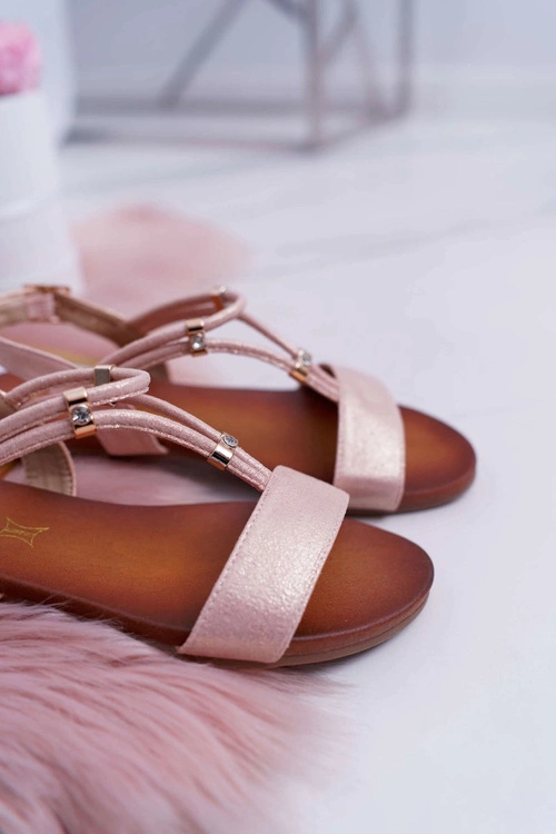 Sandały Damskie Płaskie Z Paskami i Cyrkoniami Różowe Madeline