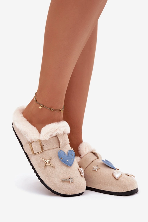 Kapcie Damskie Z Ozdobami I Klamrą Ocieplane Futerkiem Beżowe Thalora
