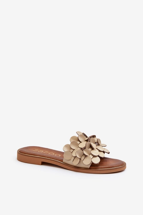 Zazoo 40381 Damskie Skórzane Klapki Na Płaskim Obcasie Beżowe