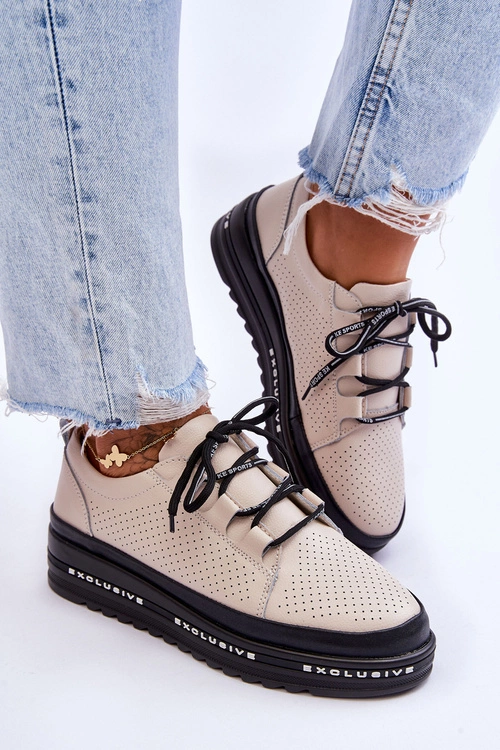 Skórzane Ażurowe Buty Sportowe Beżowe Leonor