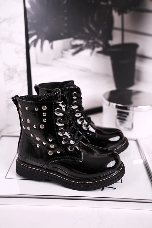 Dziecięce Ocieplane Botki z Dżetami Lakierowane Czarne Fame