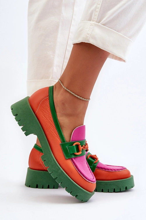 Mokasyny Skórzane Damskie Z Ozdobą CheBello 4444 Pomarańczowe