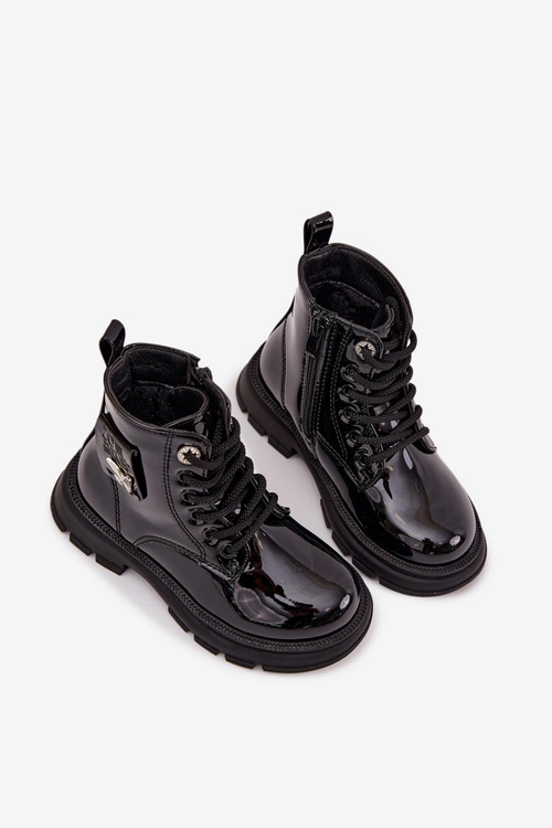 Ocieplane Botki Dziecięce Na Zamek Lakierowane Czarne Alverina