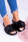 Damskie Czarne Klapki Z Dużym Futerkiem Fluffy