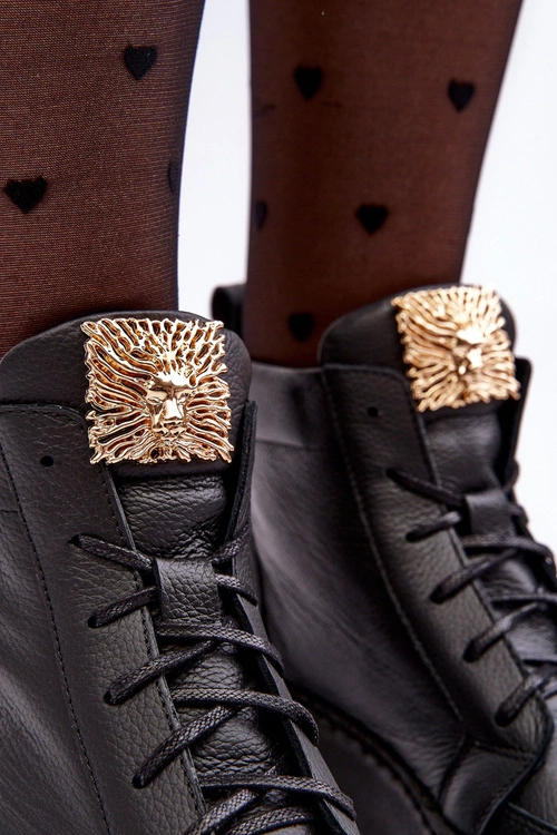 Sznurowane Botki Damskie Z Ozdobą Skórzane Czarne Nicole 2833