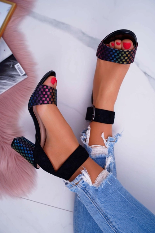 Sandały Damskie Na Słupku Zamszowe Czarne Geometric