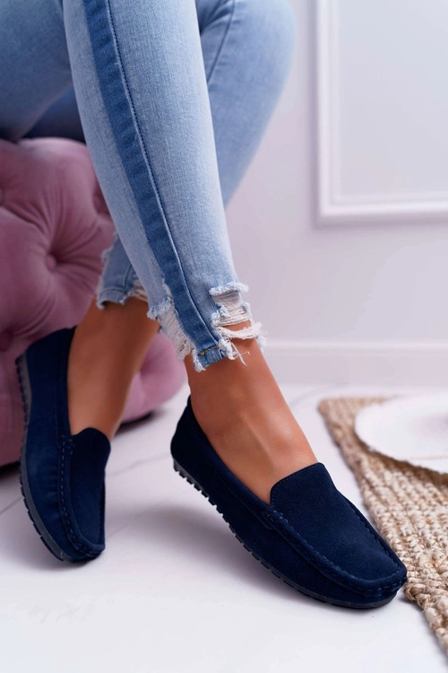 Mokasyny Damskie Skóra Zamszowa Granatowe Tenzion