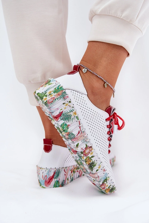 Skórzane Półbuty Na Wzorzystej Platformie Artiker 54C1567 Biało-Czerwone