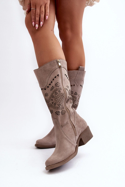 Zazoo 4043 Zamszowe Kozaki Na Niskim Obcasie Ażurowe Cappucino