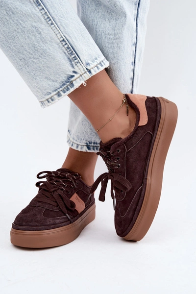 Skórzane Zamszowe Sneakersy Damskie Ocieplane Big Star UU274770 Czekoladowe