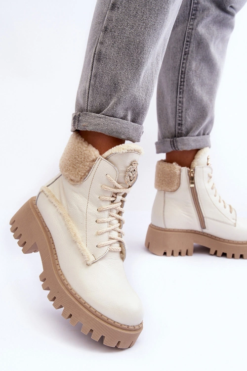 Damskie Skórzane Trapery Botki Kremowe Lemar Vergo