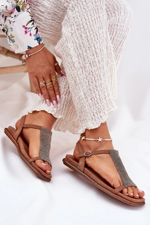 Płaskie Eleganckie Sandały Damskie Z Kryształkami Artiker 56C1365 Brązowe