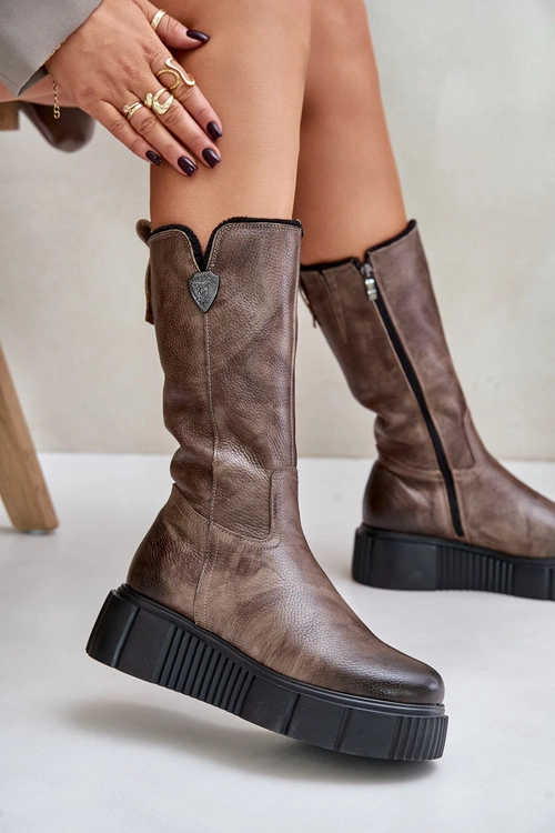 Zazoo 70121 Skórzane Damskie Kozaki Z Wełną Brązowe