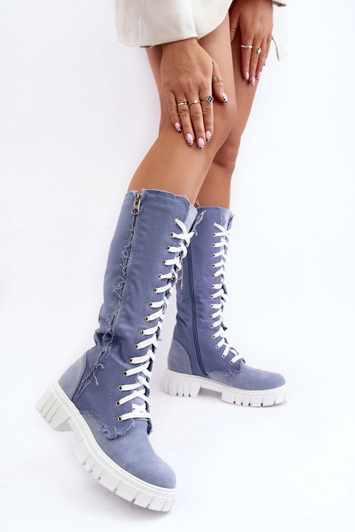 Damskie Jeansowe Ocieplane Kozaki Ze Sznurowaniem Niebieskie Cresanta