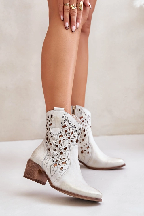 Damskie Botki Na Obcasie Z Ażurowym Wzorem Lewski 3394/2 Złote Przecierane