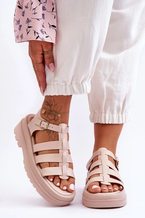 Skórzane Sandały Z Paseczkami Beżowe Colet