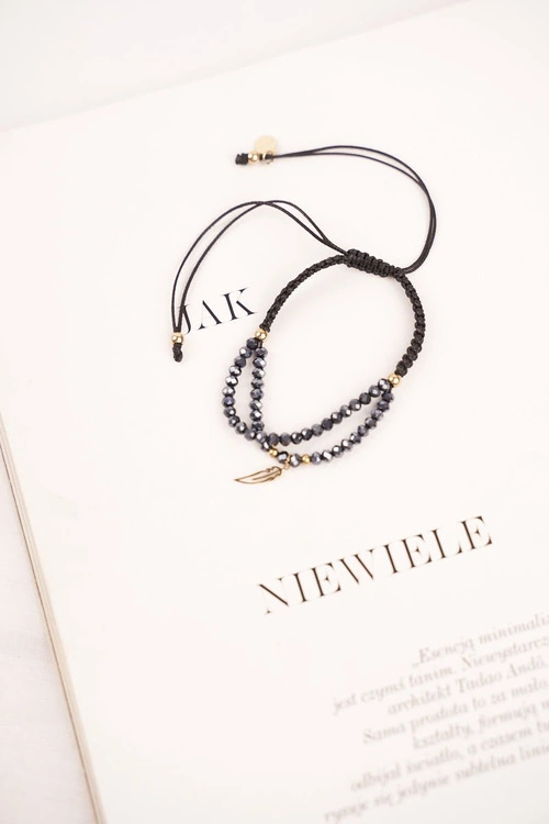 Damska Bransoletka Czarny Sznurek Celebrytka Złota Pióro Clementina