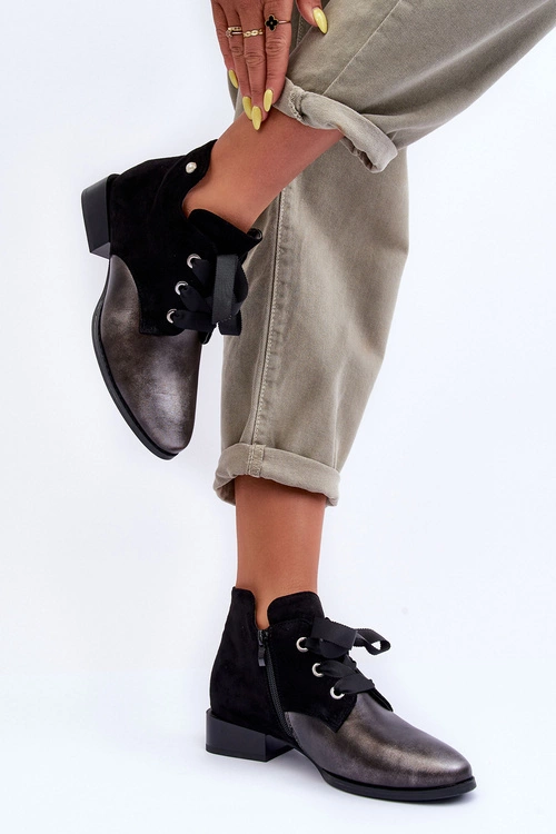 Damskie Półbuty Na Płaskim Obcasie Z Wiązaniem Czarne Meroni - Zamsz