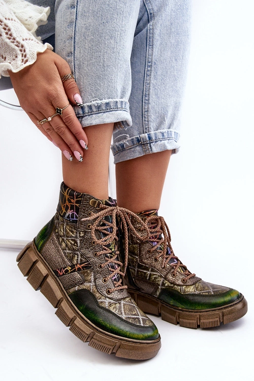 Wzorzyste Botki Damskie Skórzane Maciejka 06145-24 Oliwkowe