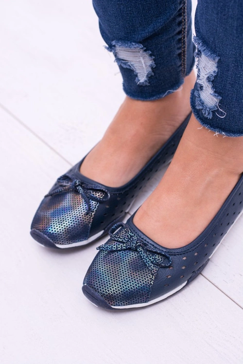 Damskie Skórzane Granatowe Ażurowe Balerinki Erdola