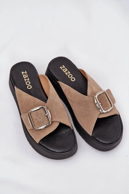 Zamszowe Klapki Damskie Z Klamrą Na Platformie Zazoo 3019 Beżowe